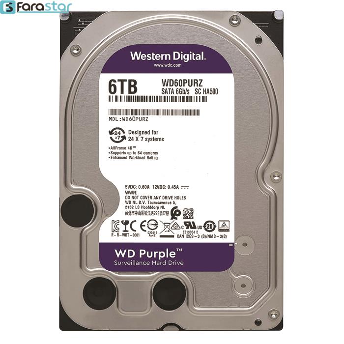  هارددیسک اینترنال وسترن دیجیتال مدل Purple WD60PURZ ظرفیت 6 ترابایت